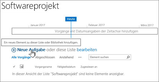 Aufgabenzeitachse, zum Hinzufügen von Aufgaben auf "+ Neue Aufgabe" klicken