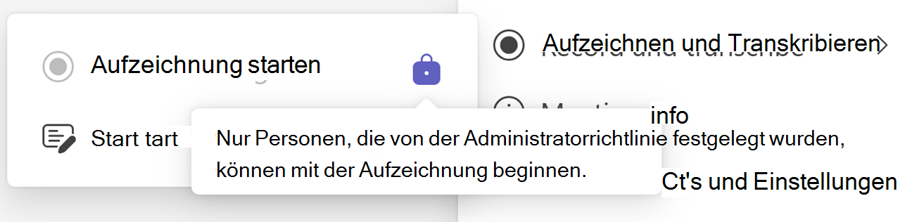 Screenshot der Schaltfläche "Aufzeichnung starten" in Teams mit dem Symbol "Sperren" und der QuickInfo