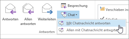 Antwortgruppe mit geöffneter Chat-Dropdownliste und hervorgehobener Option "Mit Chat antworten"