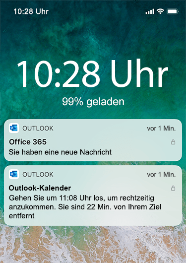 Abbildung des Sperrbildschirms eines iPhones, auf dem außer der Information, dass eine neue Nachricht eingegangen ist, keine Detailinformationen in Outlook-Benachrichtigungen angezeigt werden.