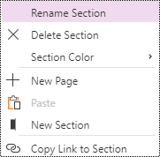 Hervorgehobene Option "Abschnitt umbenennen" im Abschnittskontextmenü in OneNote Abschnitt Windows 10.