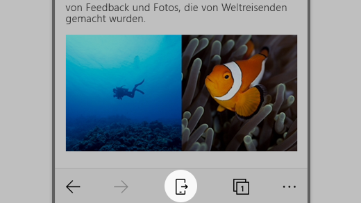 Screenshot von Microsoft Edge unter iOS, in dem das Symbol „Weiter auf dem PC“ hervorgehoben ist.