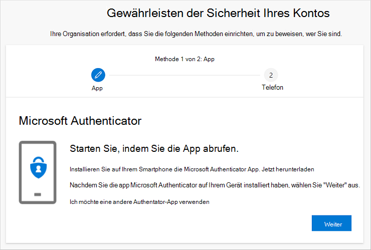 Assistent zum Sichern Ihres Kontos mit angezeigter Downloadseite Authenticator App