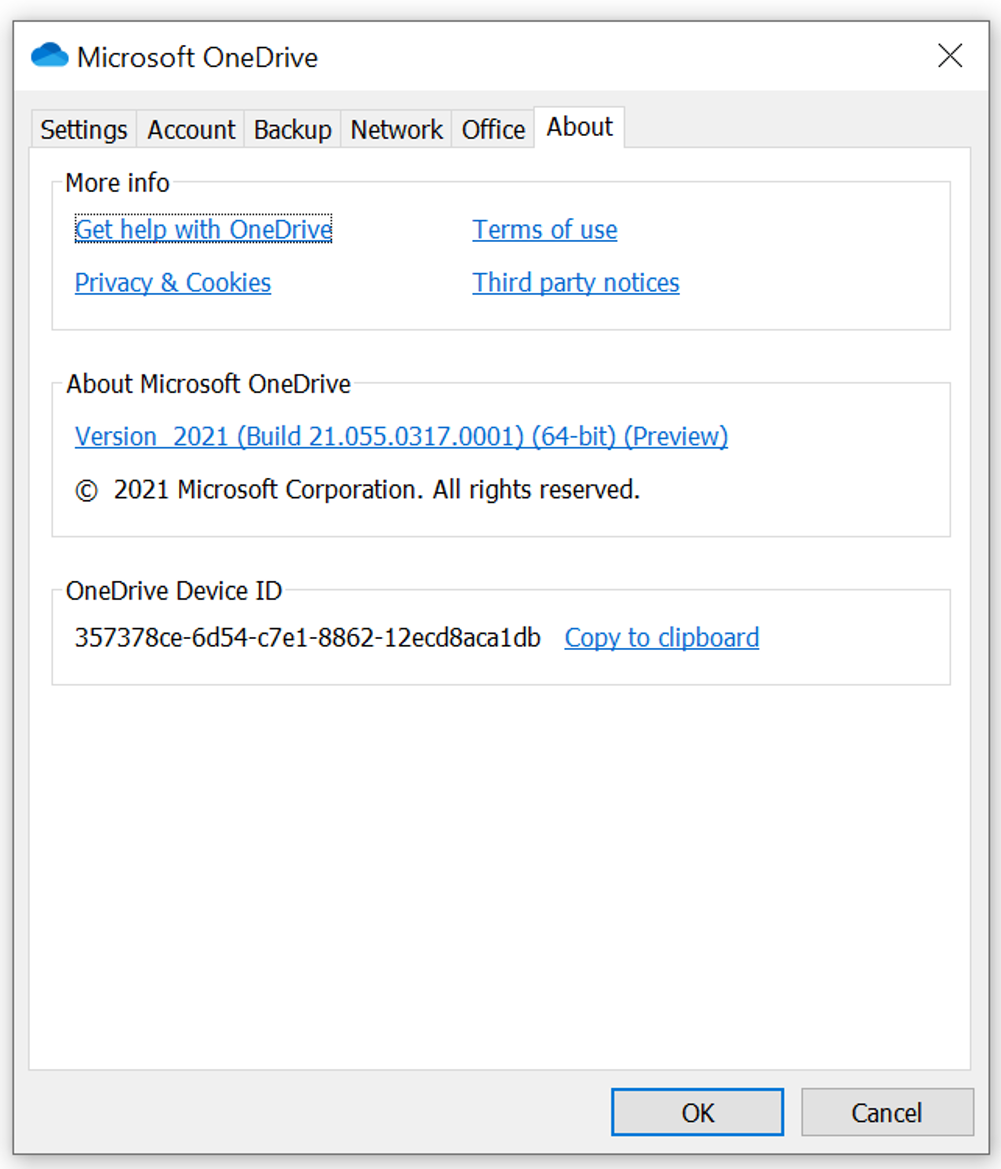 Zeigt die Einstellungen Registerkarte "Über OneDrive" an, und Versions- und Buildnummer sind unter "Informationen Microsoft OneDrive" aufgeführt.
