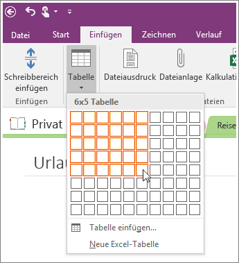 Screenshot of how to add a table in OneNote 2016.