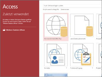 Access-Begrüßungsbildschirm mit dem Vorlagensuchfeld und den Schaltflächen 'Benutzerdefinierte Web App' und 'Leere Desktopdatenbank'.