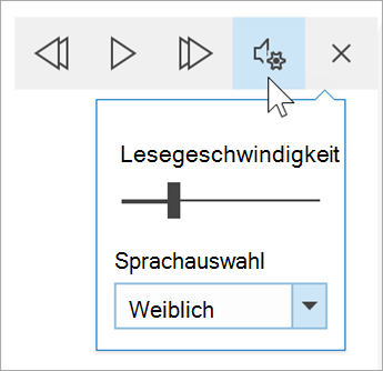 Screenshot der Symbolleiste mit den Sprachoptionen des plastischen Readers. Der Mauszeiger zeigt auf die Einstellungen, wodurch eine Umschaltfläche für Lesegeschwindigkeit und eine Dropdownliste für die Sprachauswahl angezeigt wird.