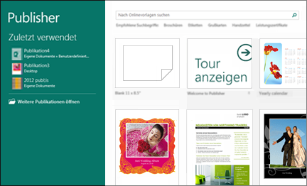 Screenshot von Vorlagen im Publisher-Startbildschirm.