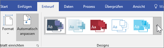 Screenshot der Optionen für "Entwurf" > Symbolleiste "Designs"