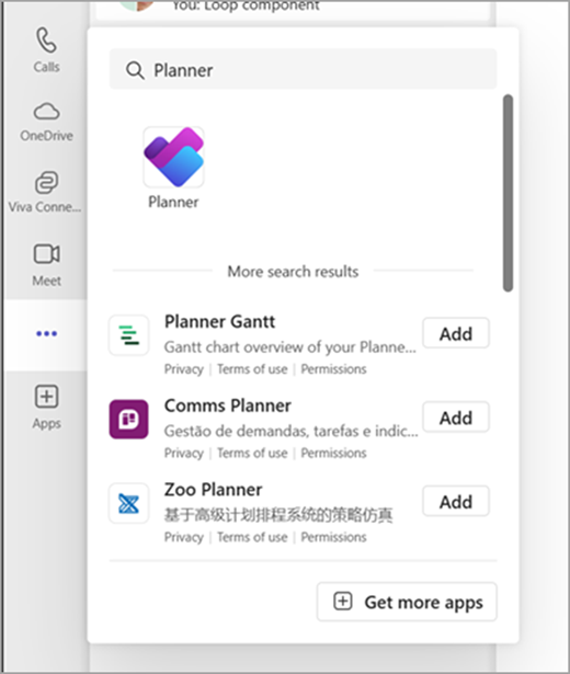 Suchen Sie die Planner App in Teams, indem Sie die Option Weitere Apps anzeigen auswählen und in der Suchleiste nach Planner suchen.