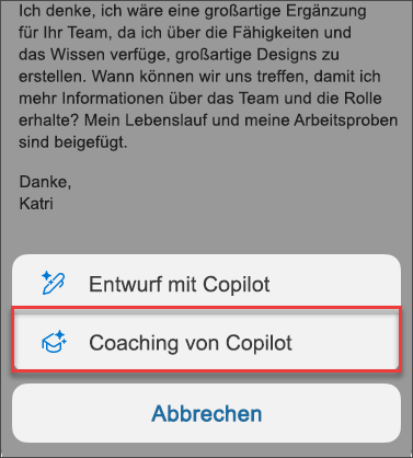 Menüoption für Coaching durch Copilot in Outlook für Mobilgeräte