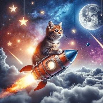 Katze auf einer Rakete im All mit einem Mond, Wolken und Sternen auf der Schnur.