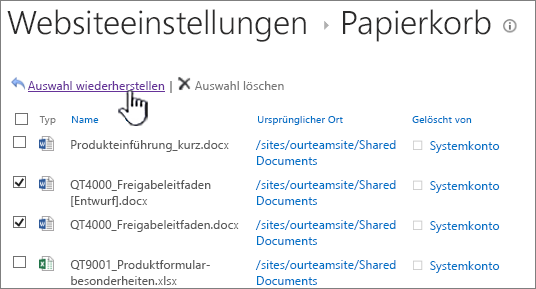 Endgültiger Papierkorb in SharePoint 2013 mit hervorgehobener Schaltfläche zum Wiederherstellen