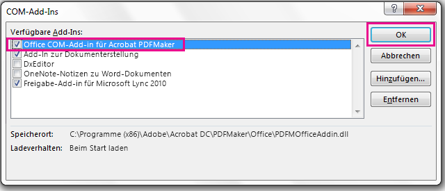 Aktivieren Sie das Kontrollkästchen des Office COM-Add-Ins "Acrobat PDFMaker", und klicken Sie auf "OK".