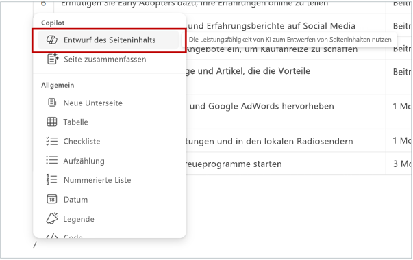 Screenshot des Schrägstrichmenüs. Im Schrägstrichmenü ist die Option „Seiteninhalt entwerfen“ hervorgehoben.