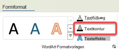 Um den Rahmen von WordArt zu ändern, wählen Sie ihn aus, und wählen Sie auf der Registerkarte Formformat die Option Textkontur aus.