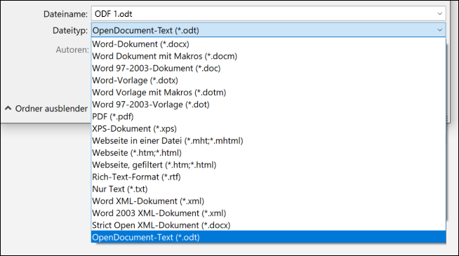 Liste der Dateiformate aus Word mit hervorgehobenem ODT-Dateiformat