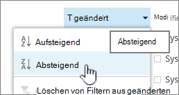 Das Dropdownmenü zum Sortieren einer Spaltenüberschrift