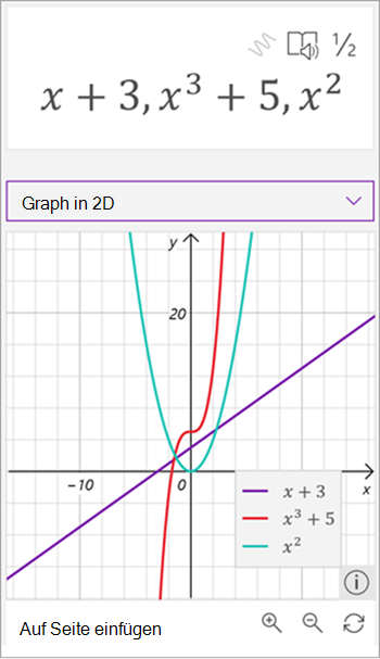 Screenshot: Generierter Graph des Mathe-Assistenten mit drei Gleichungen: x plus 3 in Violett, x bis zur dritten plus 5 in Rot und x quadratisch in Grün.