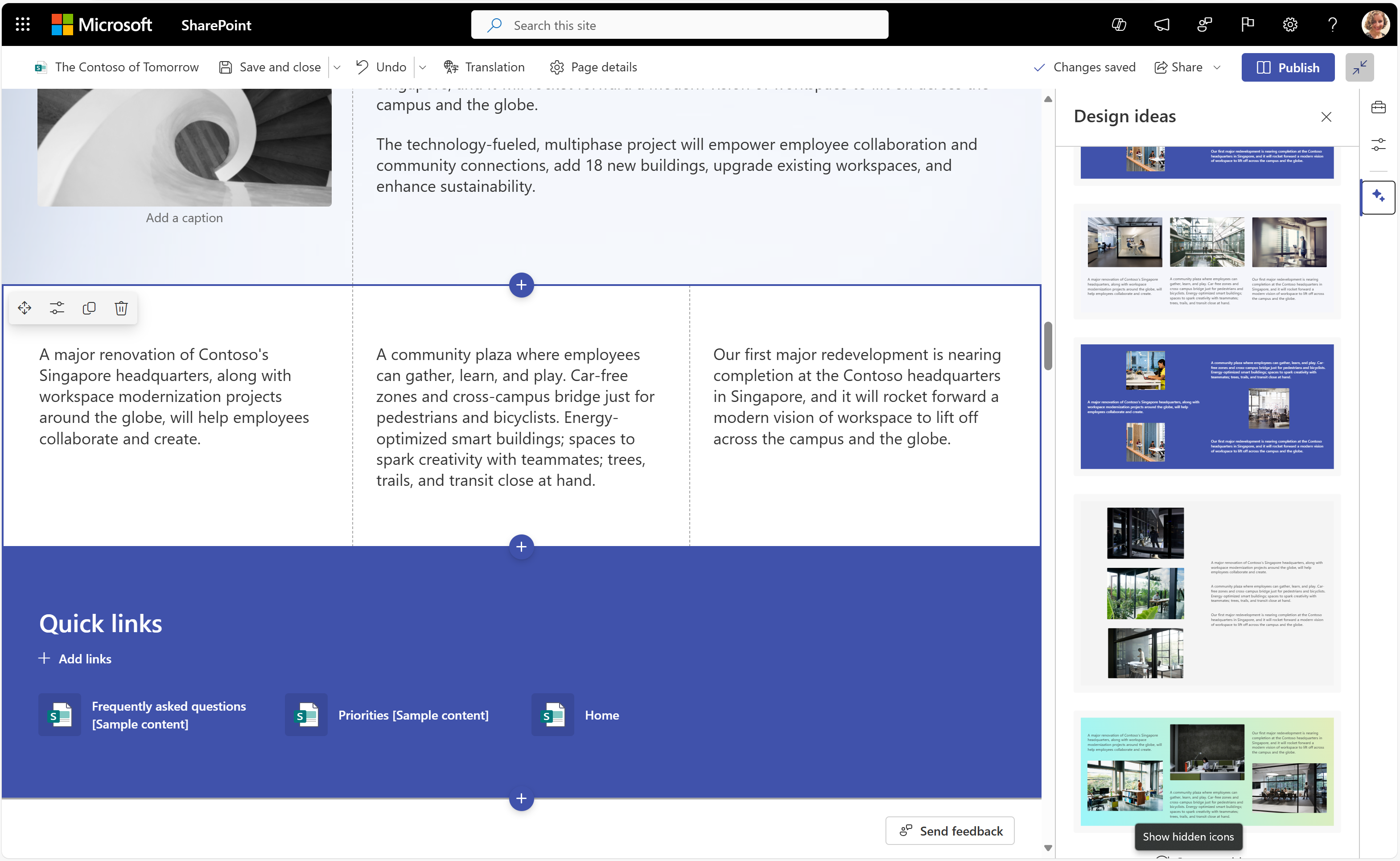 Abbildung von Designideen, die 3 Bilder für Abschnitte mit 3 Textwebparts vorschlagen