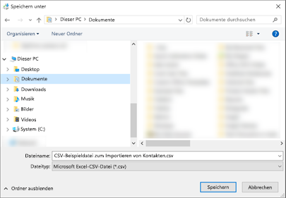 Wenn Sie die CSV-Beispieldatei herunterladen, speichern Sie diese als CSV-Datei auf Ihrem Computer.