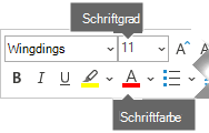 Die unverankerte Formatsymbolleiste enthält Optionen für Schriftgrad und Schriftfarbe.