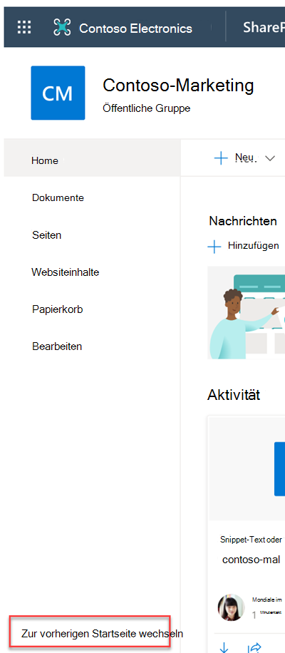 Abbildung der linken Navigationsleiste auf der Startseite der Teamwebsite, die "zur vorherigen Seite wechseln" markiert