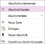 Hervorgehobene Option "Abschnitt löschen" im Abschnittskontextmenü in OneNote Für Windows 10.