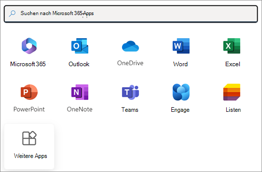 Eine Auswahl von Microsoft 365-Apps. Die letzte Kachel ist Weitere Apps.