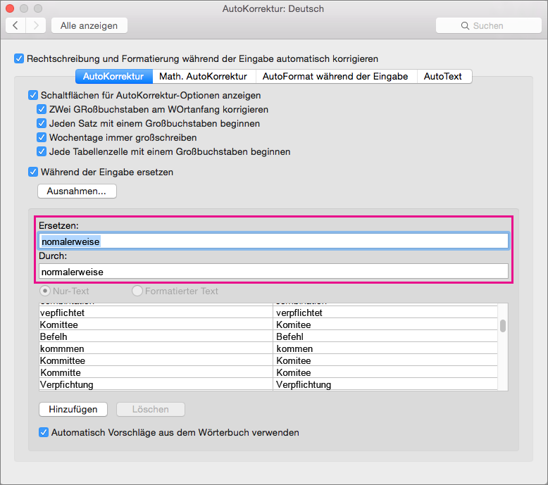 AutoKorrektur der Rechtschreibung und Einfügen von Text ...