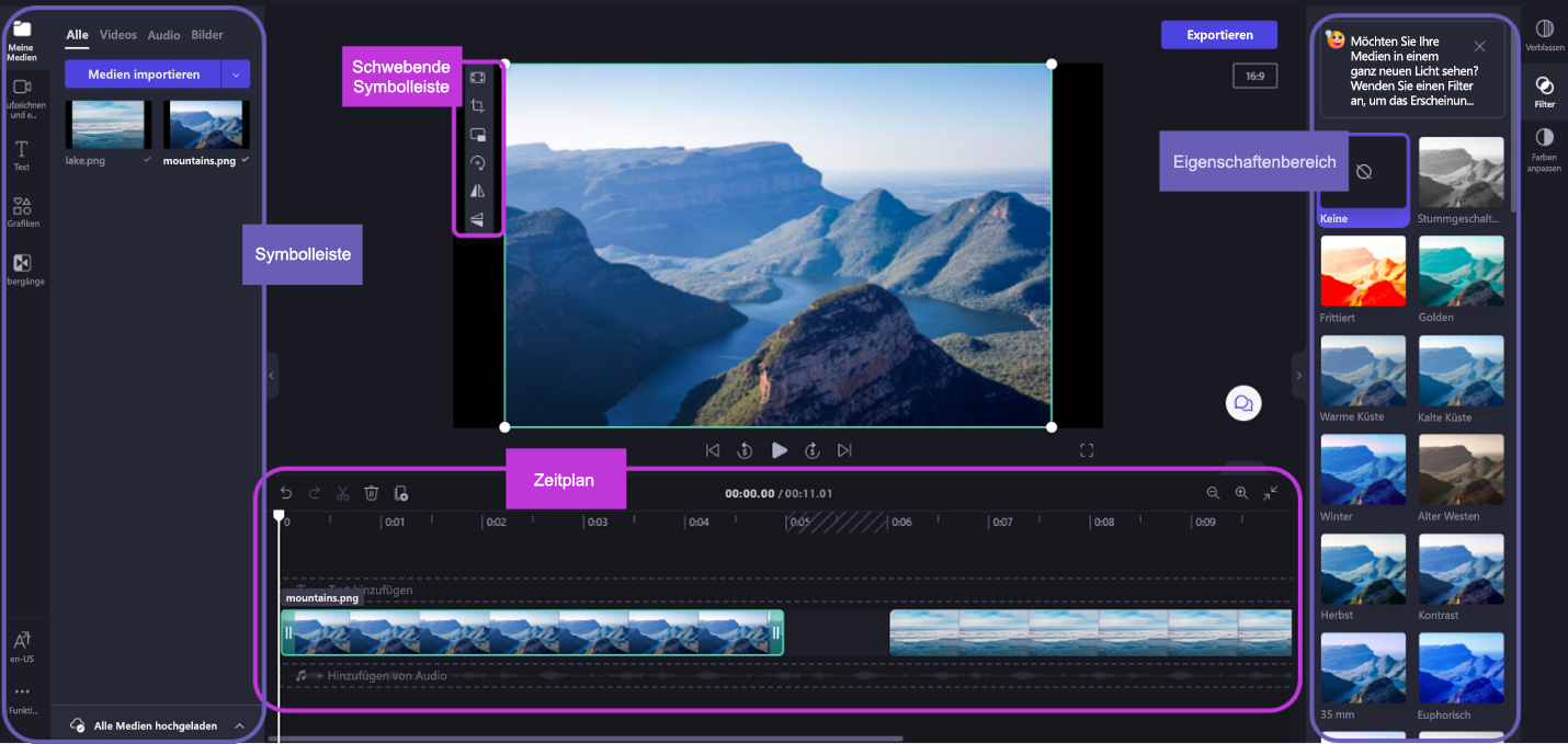 Die Clipchamp-Benutzeroberfläche enthält mehrere Optionen für die Bearbeitung Ihrer Videoclips
