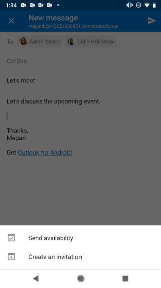 Zeigt einen Android-Bildschirm mit dem E-Mail-Entwurf abgeblendet und der Schaltfläche „Verfügbarkeit senden“ darunter.