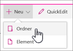 Dropdownmenü "+ Neu" mit hervorgehobenem Ordner