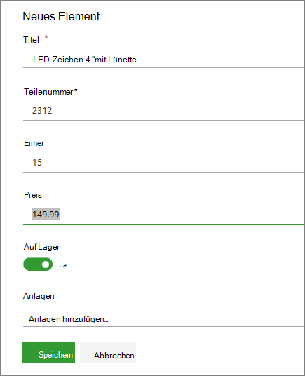 Formular für einzelnes Element für eine Liste