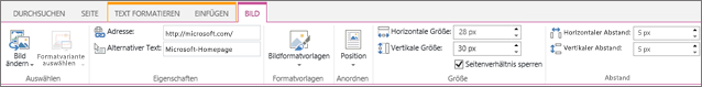 Der Screenshot zeigt einen Abschnitt des SharePoint Online-Menübands mit der ausgewählten Registerkarte "Bild" und den in den Gruppen "Auswählen", "Eigenschaften", "Formatvorlagen", "Anordnen", "Größe" und "Abstand" verfügbaren Auswahlmöglichkeiten.