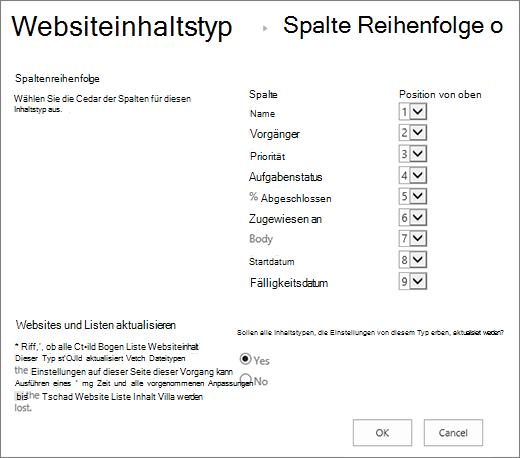 Seite "Spaltenreihenfolge" des Inhaltstyps