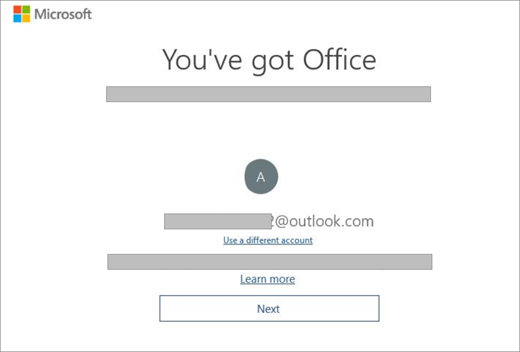 Zeigt den Bildschirm an, der angezeigt wird, wenn Sie ein neues Gerät kaufen, das eine Lizenz für Office enthält. Dieser Bildschirm zeigt an, dass Office Ihr vorhandenes Microsoft-Konto gefunden hat.
