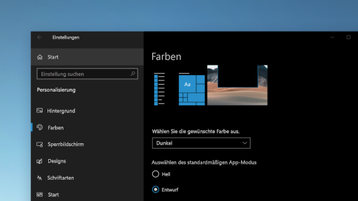 Die Seite "Farbe" unter Windows-Einstellungen wird im dunklen Modus angezeigt.