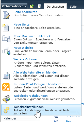 Websiteeinstellungen im Menü "Websiteaktionen"