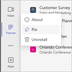 Anheften der Planner-App in Teams mit dem Symbol "Anheften"