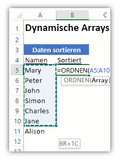 Screenshot eines Excel-Arbeitsblatts mit einer Liste von Daten und einer Formel mit der Funktion SORTIEREN zum Sortieren der Liste.