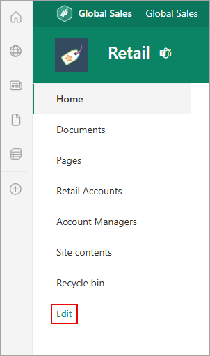 Screenshot: Position des Befehls "Bearbeiten" auf einer SharePoint-Seite