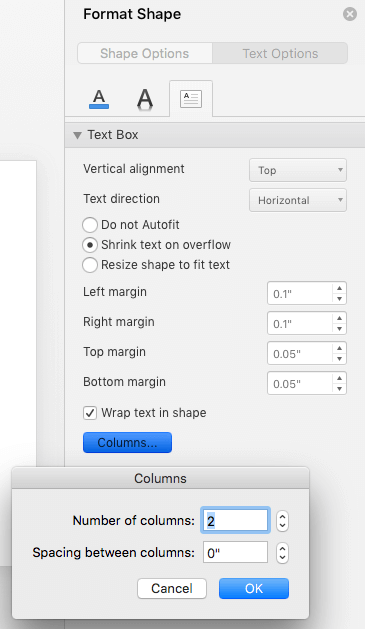 Mit der Option Spalten im Bereich Form formatieren können Sie Text in Spalten anordnen.