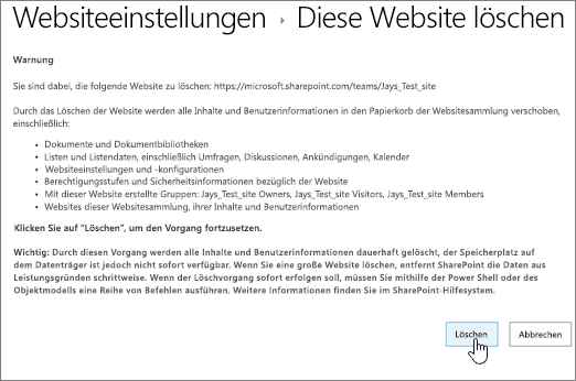 Bildschirm mit Warnhinweis. Sie werden aufgefordert, das Löschen der Website zu bestätigen.