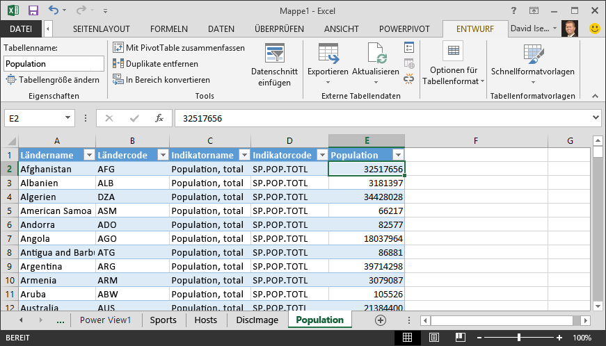 In Excel übernommene Bevölkerungsdaten