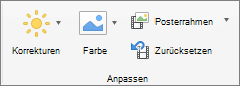 Screenshot zeigt die Gruppe "anpassen" auf der Registerkarte "Video Format" mit den Optionen "Korrekturen", "Farbe", "Plakatrahmen" und "Zurücksetzen".