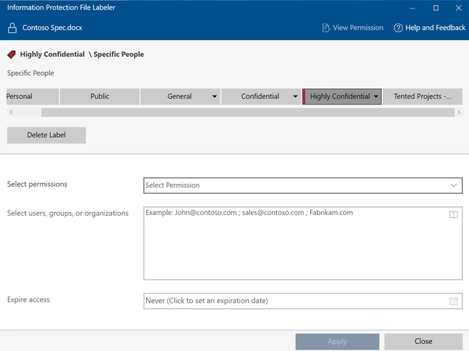 Anwenden von Vertraulichkeitsbezeichnungen mit benutzerdefinierten Berechtigungen mithilfe Microsoft Purview Information Protection File Labeler