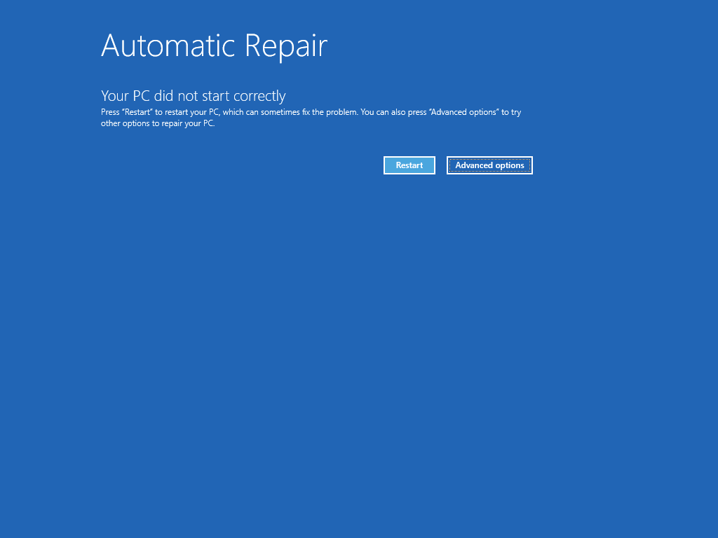 Zeigt den Bildschirm "Automatische Reparatur" mit hervorgehobener Schaltfläche "Erweiterte Optionen".