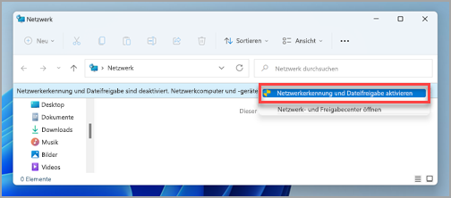 Die Netzwerk- und Dateifreigabeaufforderung im Netzwerkbereich in Windows 11.