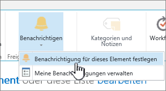 Festlegen einer Benachrichtigung in SharePoint 2016 mit ausgewähltem Element